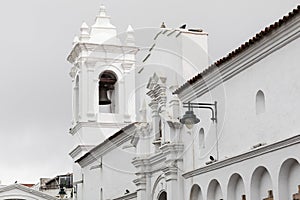 San Francisco church in Sucre, Bolivia. Sucre is the constitutional capital of Bolivia. Traditional colonial architecture, white