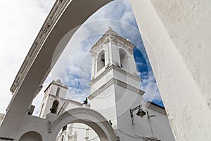 San Francisco church in Sucre, Bolivia. Sucre is the constitutional capital of Bolivia. Traditional colonial architecture, white