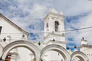 San Francisco church in Sucre, Bolivia. Sucre is the constitutional capital of Bolivia. Traditional colonial architecture, white