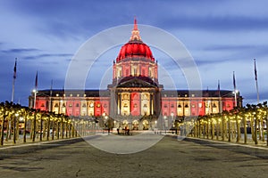 San Francisco City Hall illuminated in Red and Gold for the Chinese New Year.