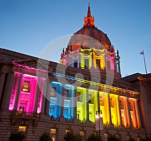 San Francisco City Hall in Rainbow Lights Honoring Gay and Lesbian Rights