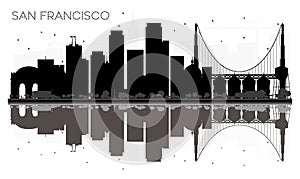 San Francisco City skyline black and white silhouette with reflections.