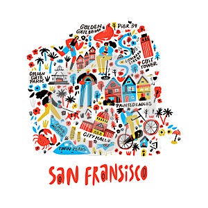 San Francisco comic map flat hand drawn vector illustration