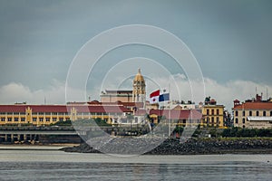 San Francisco de Asis Church in Casco Viejo and Panama Flag - Panama City, Panama