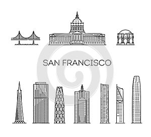 San Francisco detailed monuments silhouette. Vector illustration