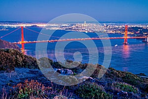 San Francisco Golden Gate Bridge and City Skyline Over the Bay at Blue Hour