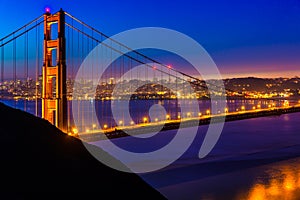 San Francisco Golden Gate Bridge sunset through cables