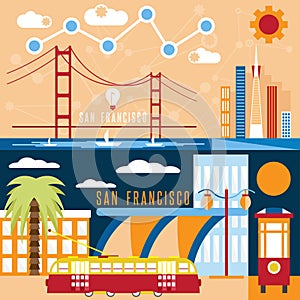 San Francisco landmarks horizontal flat design vector