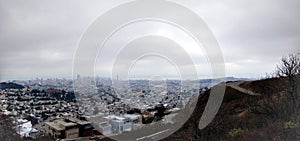 San Francisco neighborhood and Cityscape looking down from the side of twin peaks