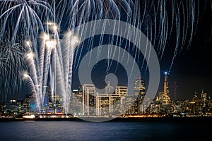 San Francisco New Year`s Eve Fireworks with City Skyline