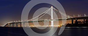 San-Francisco-Oakland Bay Bridge panoramic view at Dusk.