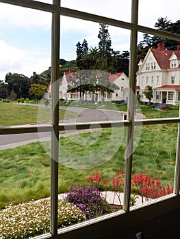 San Francisco Presidio buildings through a window