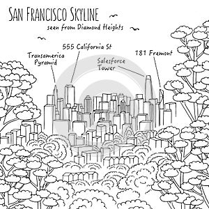 San Francisco`s skyline, black and white line art