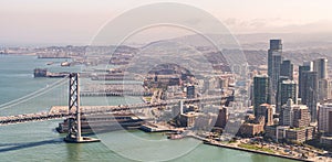 San Francisco Skyline and Bay Bridge as seen from helicopter