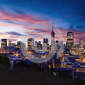 San Francisco skyline and Bay Bridge at sunset, California