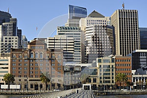 San Francisco skyline buildings; with peer and bay