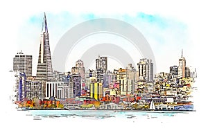 San Francisco Skyline Financial District, California, USA, watercolor sketch illustration.