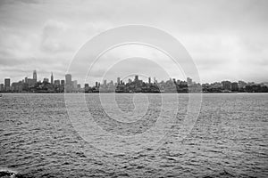 San Francisco skyline on a foggy day; black & white