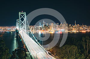 San Francisco skyline with Oakland Bay Bridge in twilight, California, USA