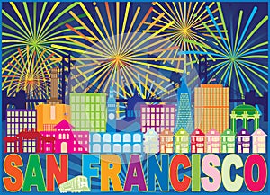 San Francisco Skyline Trolley Fireworks Color vector Illustration