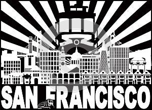 San Francisco Skyline Trolley Sun Rays vector Illustration