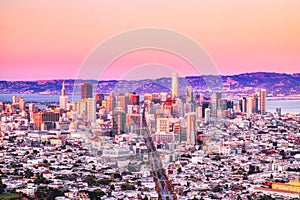 San Francisco Skyline View from Twin Peaks with Vivid Warm Sky Colors, California