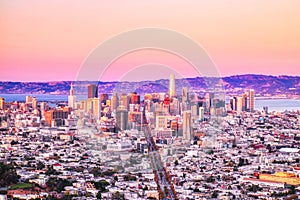 San Francisco Skyline View from Twin Peaks with Vivid Warm Sky Colors, California