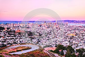 San Francisco Skyline View from Twin Peaks with Vivid Warm Sky Colors, California