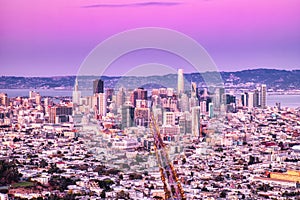 San Francisco Skyline View from Twin Peaks with Vivid Warm Sky Colors, California