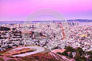 San Francisco Skyline View from Twin Peaks with Vivid Warm Sky Colors, California