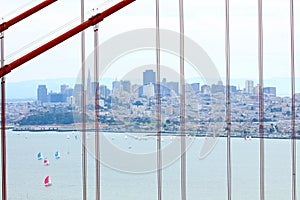San Francisco skyline viewed through Golden Gate bridge cables
