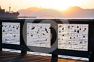 Many Padlocks locked onto a summer sunset gate on a california dock photo