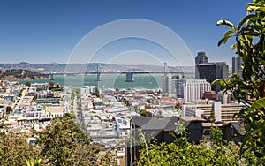 Street view with Oakland Bay bridge in the background, San Francisco, California, USA, North America