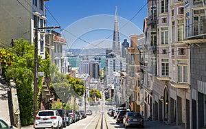 Street view of Transamerica Pyramid and Oakland Bay bridge San Francisco, California, USA, North America