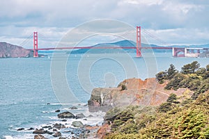 San Francisco, USA, View from Land's End to the Golden Gate Bridge. See the entire bridge clearly