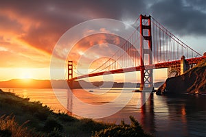 San Franciscos pride, the resplendent Golden Gate Bridge stands tall