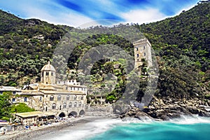 San Fruttuoso Abbey panorama and small village beach , Portofino, Liguria