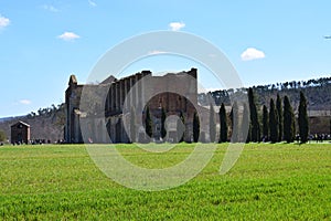 The San Galgano Abbey in Chiusdino, Italy - Inside the abbey there is the famous and legendary Sword in the Stone of King Arthur