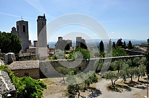 San Gimignano olive tree, wall and towers photo