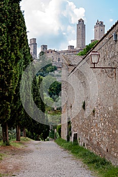 San Gimignano town and external walls and path