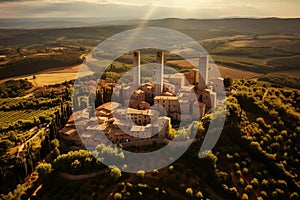 San Gimignano, Tuscany. Hill top town in Italy known for its towers and stunning panoramic views. Vintage interpretation image