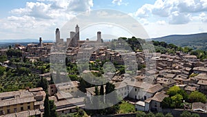 San Gimignano, Tuscany, Italy - July 16, 2020: aerial view of the medieval city