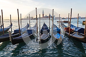 San Giorgio Maggiore church from Piazza San Marco, gondola, Venice, Italy, dawn