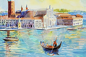 San Giorgio Maggiore island, Venice, Italy. Watercolor painting