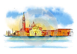 San Giorgio island, Venice, Italy. Watercolor sketch photo