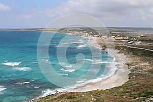 San Giovanni di Sinis beach from the Top of San Giovanni`s Tower in Sardinia Italy photo