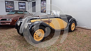 Old black sport 1930s BMW 328 roadster. Autoclasica 2022 classic car show.