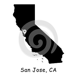 San Jose on California State Map. Detailed CA State Map with Location Pin on San Jose City. Black silhouette vector map isolated o photo