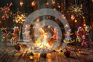 San Juan Festival Celebration with Bonfires, Fireworks, and Dancing on Wooden Background photo