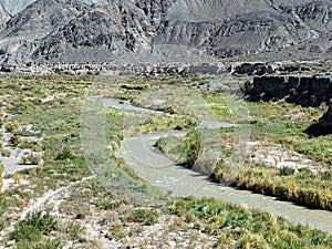 San Juan province landscapes Argentine. Jachal river, lake and mountains. Rodeo town.